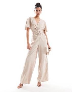 ASOS DESIGN ruched front cut out back jumpsuit in beige