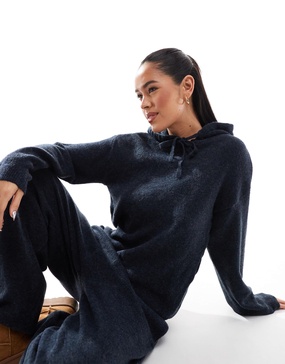 Pieces cozy knitted hoodie in navy melange - part of a set