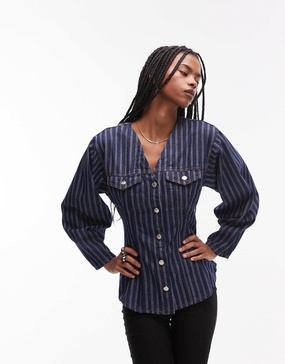 Topshop red stripe cinched denim shirt in indigo