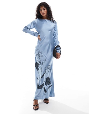 ASOS DESIGN satin bias maxi dress with embroidery in slate blue