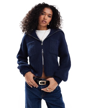 ASOS DESIGN zip up cardigan with pocket and collar detail in navy