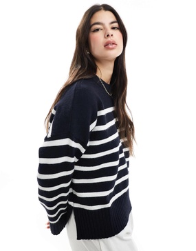 Bershka chunky crew neck sweater in navy & ecru stripe