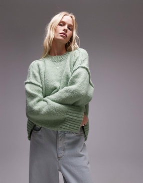 Topshop knit fluffy ribbed detail exposed seam crew oversized sweater in light green