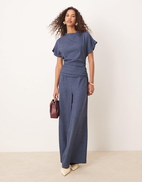 ASOS DESIGN linen look open back and ruched detail jumpsuit in navy