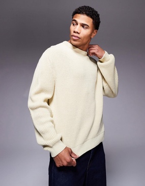 ASOS DESIGN oversized boxy fit knitted fisherman rib sweater in beige