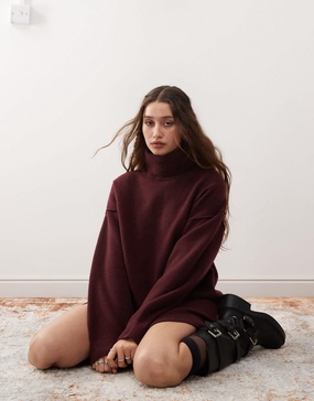Weekday Annie wool blend roll neck mini knitted sweater dress in burgundy melange exclusive to ASOS