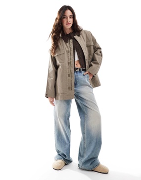 Stradivarius STR barn jacket with corduroy collar detail in khaki