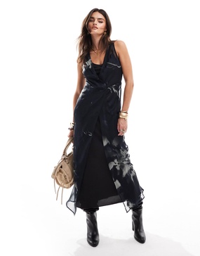 ASOS DESIGN layered wrap over chiffon midi dress in smoke print