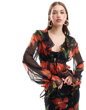 ASOS DESIGN long sleeve chiffon ruffle tie top in floral print - part of a set