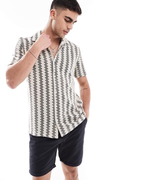 Brave Soul short sleeve knit shirt with textured stripe in gray and white