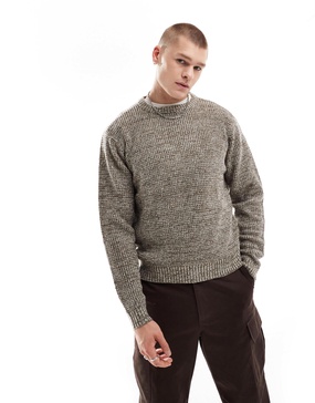 Another Influence twist knit round neck sweater in heathered brown