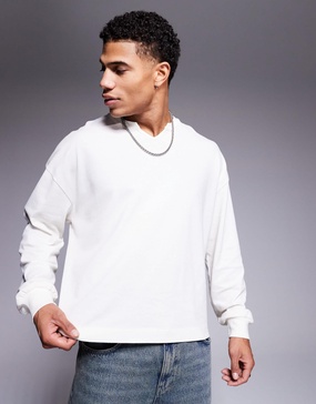 ASOS DESIGN oversized boxy heavyweight long sleeve high v neck pique t-shirt in cream