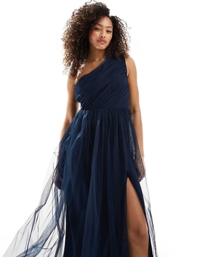 Anaya Bridesmaid tulle one shoulder maxi dress in navy