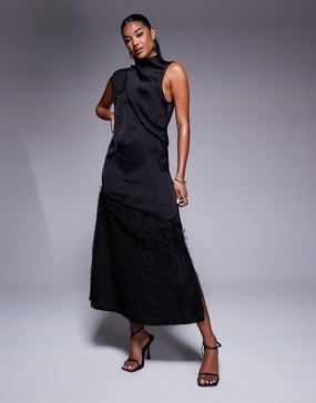 ASOS DESIGN asymmetric column fringe hem satin midi dress in black