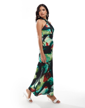 ASOS DESIGN satin halter cross front cut out detail maxi dress in abstract print