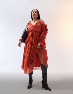 ASOS DESIGN Curve ruffle off shoulder midi dress in rust