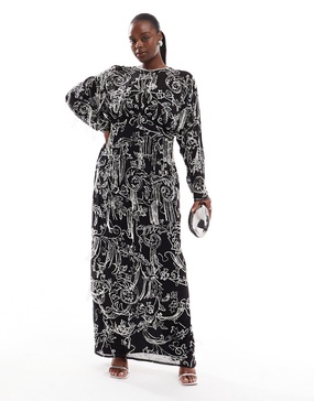ASOS DESIGN Curve long sleeve allover fringe embellished maxi dress in black