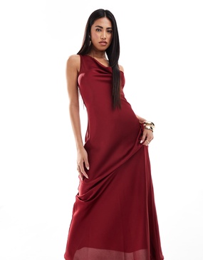 Aria Cove satin cowl neck open cross back maxi dress in red