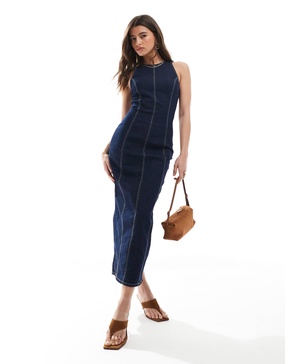 Bershka shaping bodycon denim maxi dress in dark blue