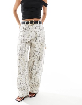 Bershka Petite carpenter pants in snakeskin print