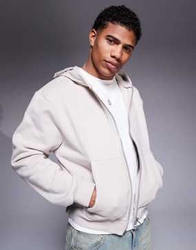 ASOS DESIGN premium heavyweight boxy oversized zip up hoodie 400gsm in beige