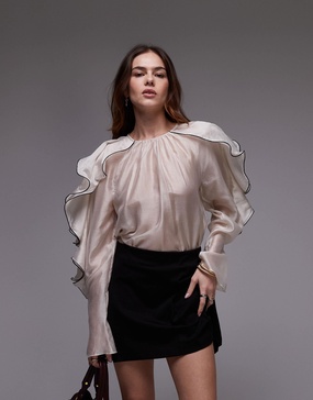& Other Stories blouse with ruffle sleeves and bow back in light beige