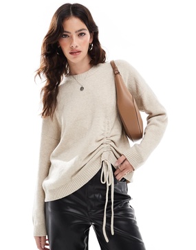 French Connection crew neck sweater with ruched tie front in oatmeal