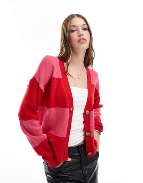 Brave Soul striped cardigan in red & pink