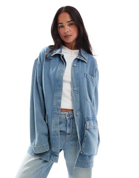ASOS DESIGN premium denim funnel neck jacket in midwash blue