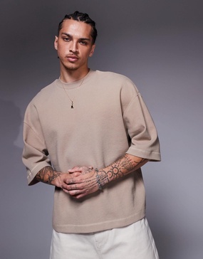 ASOS DESIGN oversized boxy half sleeve waffle T-shirt in brown
