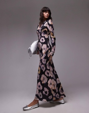 Topshop slash neck midi dress in gray and lime floral