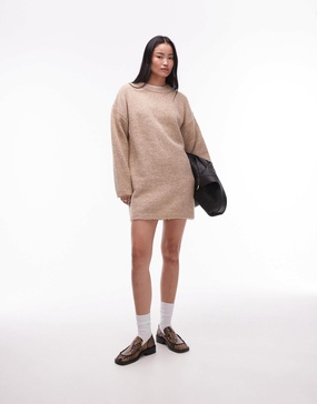 Topshop knit fluffy crew oversized dress in oat