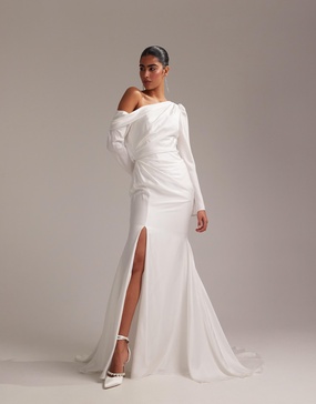 ASOS DESIGN draped one shoulder satin wedding maxi dress in white