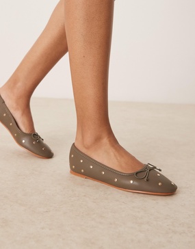 ASOS DESIGN Lynette high vamp studded ballet flats in khaki