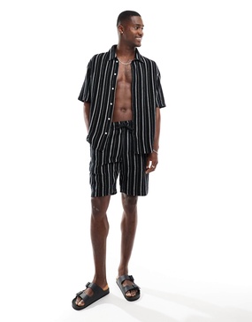 Bershka textured stripe short in black - part of a set