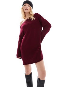 Miss Selfridge off-the-shoulder slouchy knit mini dress in burgundy