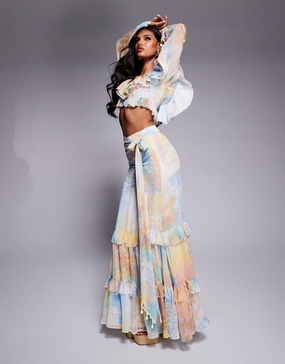 ASOS LUXE ruffle organza maxi skirt with shell trims in postcard print - part of a set