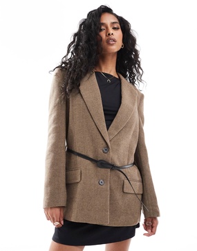 ASOS DESIGN oversized strong shoulder belted blazer in mocha