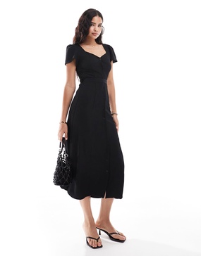 ASOS DESIGN button through midi tea dress with tie back in black