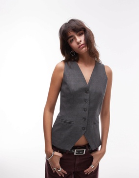 Topshop high neck button through vest in gray check