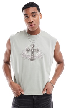 ASOS DESIGN cropped oversized tank top in gray with cross front print
