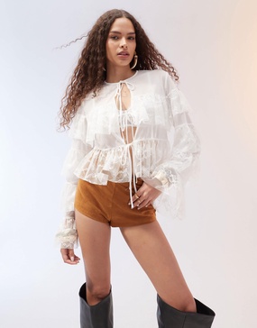 ASOS DESIGN tie front layered ruffle blouse with lace inserts in ivory