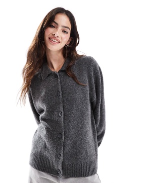 ASOS DESIGN fluffy wool blend knit collar cardigan in charcoal