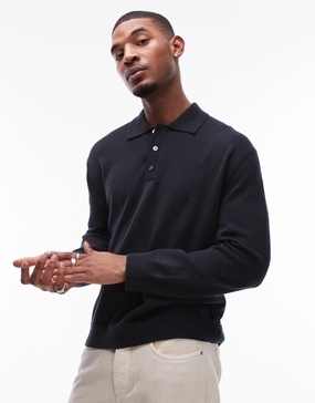 ARKET merino wool knit long sleeve polo shirt in navy