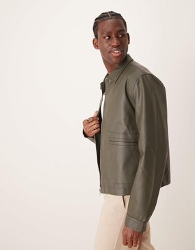 ASOS DESIGN faux leather cropped harrington jacket in khaki