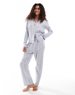 Brave Soul plaid shirt and pants pajama set in light blue
