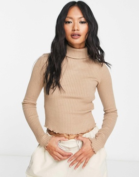 Bershka cropped knit turtle neck sweater in camel