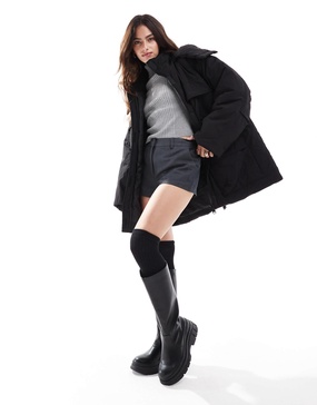 Stradivarius STR multi pocket puffer jacket in black