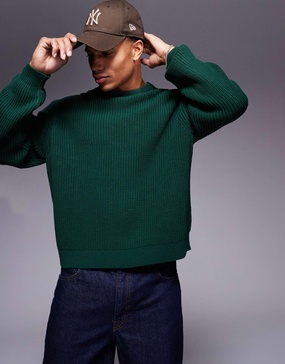 ASOS DESIGN oversized boxy knitted fisherman rib sweater in dark green