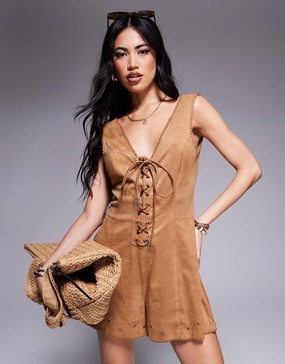 ASOS DESIGN suedette lace-up romper with stud detail in tan